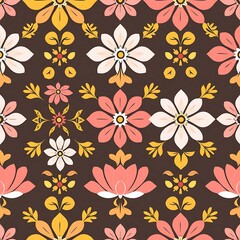 Floral Retro Pattern: A vibrant and cheerful seamless pattern featuring stylized flowers in a retro color palette. Perfect for adding a touch of vintage charm to your designs. 