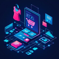 Global e-commerce sales milestones highlighted on futuristic growth timelines, digital growth chart, innovation in retail