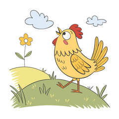 Cute cheerful chicken on a meadow with flowers. Hand drawn illustration for children.