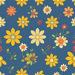 Fototapeta premium Floral Delight: A seamless pattern of cheerful daisies and wildflowers in shades of yellow, orange, and red bloom against a vibrant blue background, creating a joyful and whimsical design. 