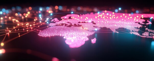 Global tech adoption rates displayed as glowing heatmaps, digital growth chart, connectivity progress