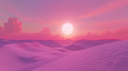 Pink sunset over surreal desert landscape with soft sand dunes and fluffy clouds.