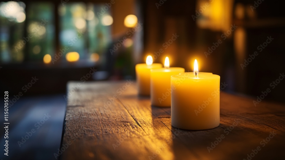 Poster tranquil setting with burning candles on wooden table at dusk