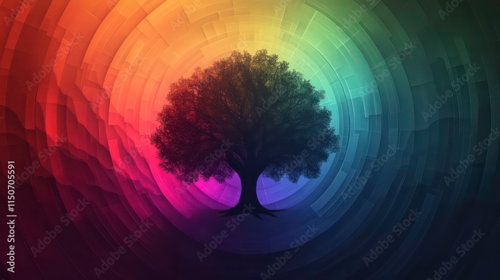 Poster silhouette of a tree in a vibrant, colorful, circular abstract background.