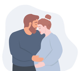 A young couple expecting a child. Future parents together, a pregnant woman is hugged by her husband. Vector graphics.