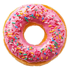A vibrant pink frosted donut topped with colorful sprinkles, isolated on transparent background