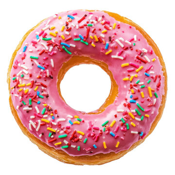 A vibrant pink frosted donut topped with colorful sprinkles, isolated on transparent background
