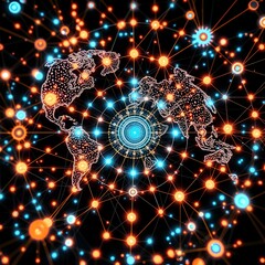 Obraz premium Cosmic Connections: Global Network in Dark Blue Glow