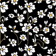 White Floral Pattern On Black Background:  A delicate and elegant seamless pattern featuring white flowers with yellow centers and gold stems on a black background. Perfect for textile designs.