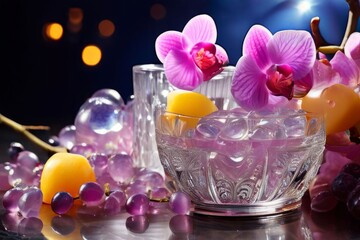 Captivating purple orchid beside glass filled with ice, lemon, and colorful spheres. Ideal for fresh, vibrant designs in wellness, floral, or culinary contexts.