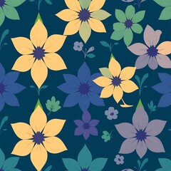 Floral Symphony: A captivating seamless pattern of stylized flowers in soft pastel hues on a deep teal background. Perfect for textile design, wallpaper, and more.