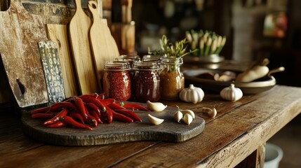 Fresh Ingredients and Spices for Cooking in Rustic Kitchen