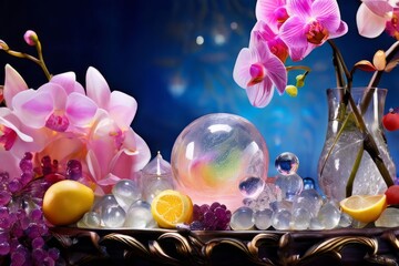 Purple orchid with ice-filled glass, lemon, and colorful spheres. Bright, modern aesthetic suitable for beverage, wellness, or floral promotions. Eye-catching and fresh.