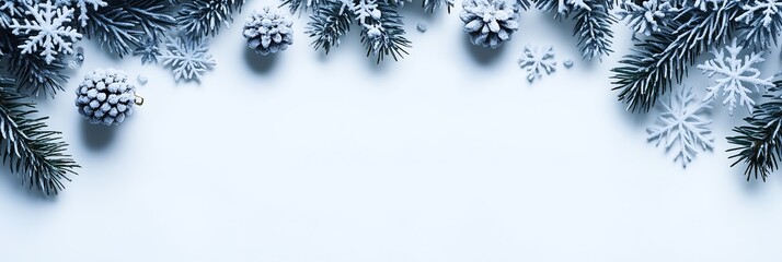 Festive winter scene with snowflakes, pinecones, and evergreen branches on a light background.