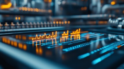 Workforce productivity metrics tracked through glowing visuals, digital growth chart, operational success