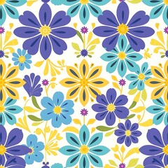 Fototapeta premium Vibrant Floral Pattern: A lively and cheerful seamless pattern featuring a cascade of colorful flowers in shades of yellow, blue, and purple. The intricate design evokes a sense of spring and summer.