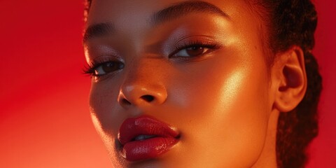 A model poses with a striking makeup look featuring glossy red lips and radiant skin, set against a bold red backdrop during a beauty shoot. Generative AI