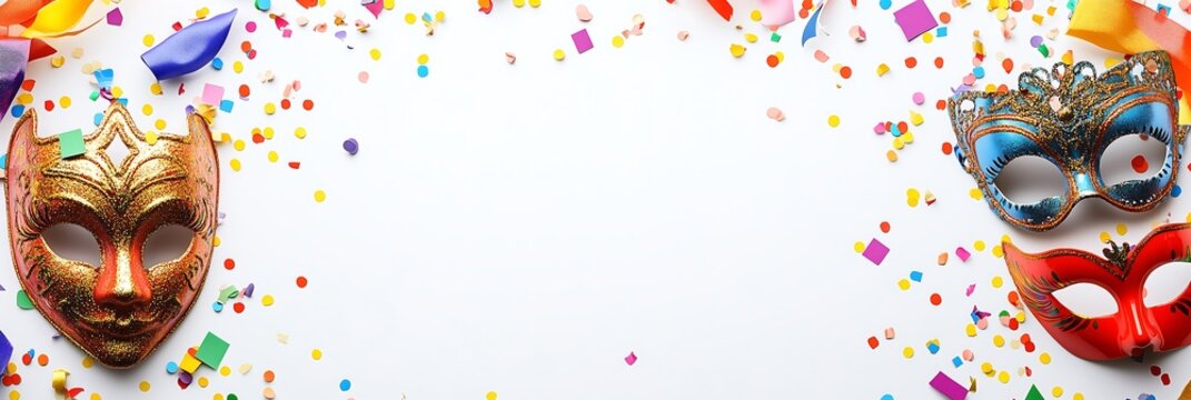 Colorful carnival masks and confetti on a bright white background.