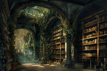 Fototapeta premium A dark, creepy room with a large bookcase filled with old books