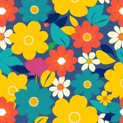 Floral Burst: A vibrant seamless pattern of colorful flowers and leaves, perfect for adding a touch of spring to your designs.  