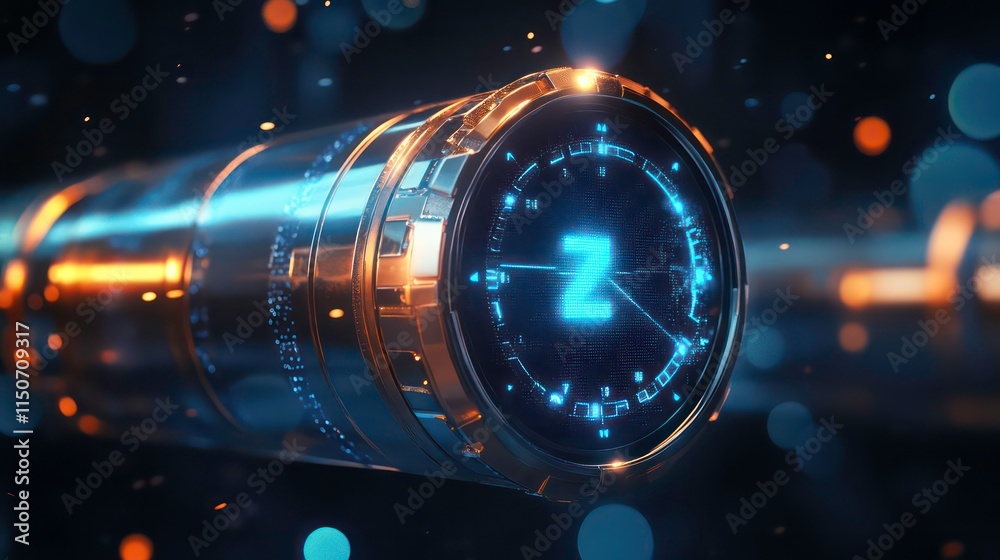 Poster futuristic metallic cylinder with glowing blue 'z' symbol and digital interface.