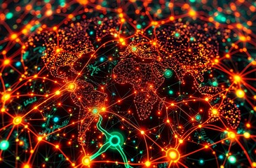 Obraz premium Cybernetic World Map with Quantum Traffic Patterns