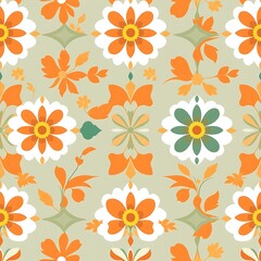 Fototapeta premium Floral Retro Pattern: A seamless design featuring stylized flowers in shades of orange, white, and green on a sage green background. Perfect for textile prints, wallpapers, and other design projects.