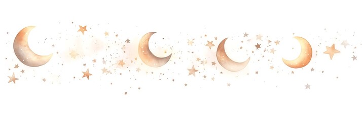A whimsical celestial banner featuring crescent moons and stars in soft, warm tones.