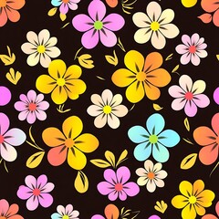 Floral Fiesta: A vibrant, seamless pattern of colorful flowers on a dark background. Perfect for textile design, wallpaper, or any project needing a cheerful, floral touch.