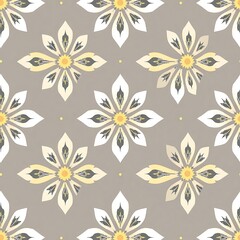 Fototapeta premium Elegant Floral Pattern: A seamless pattern featuring delicate white flowers with yellow centers and gray leaves against a warm gray background.