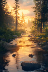 Serene Creek Meandering Through a Forest at Sunset with Lush Greenery and Reflective Waters