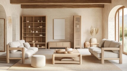 Cozy Minimalist Living Room with Wooden Furniture and Natural Light