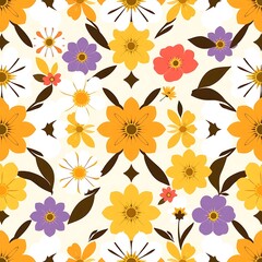 Floral Fiesta: A vibrant, seamless pattern bursts with cheerful yellow, orange, and purple flowers, perfect for adding a touch of spring to any design project. 