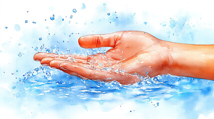 Fototapeta premium Outstretched hand holding water in a watercolor illustration style, with a soft blue background representing purity, freshness, and connection to nature. Generated with AI