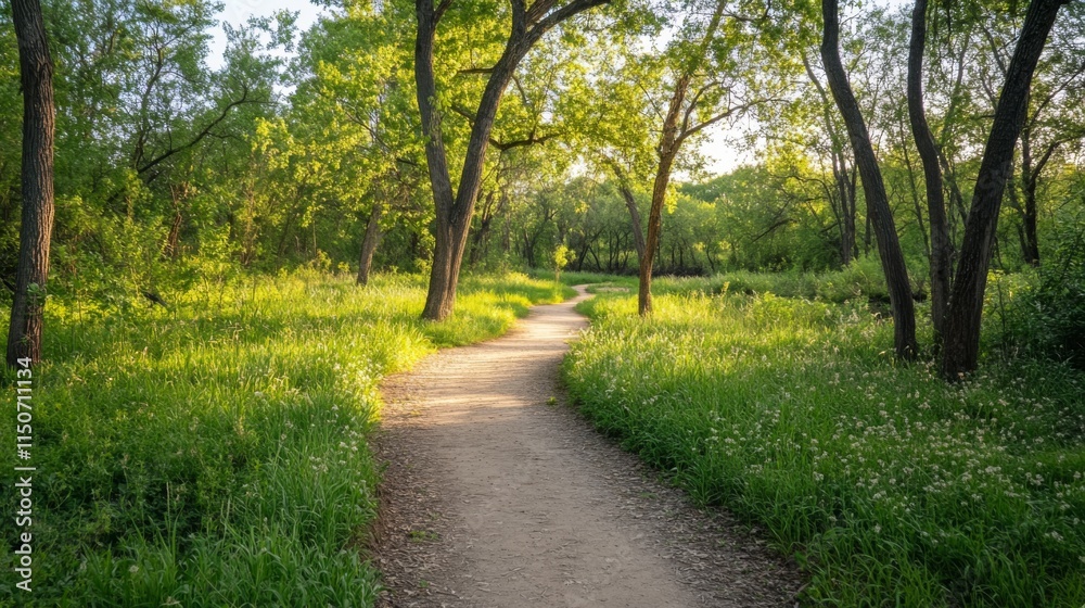 Poster scenic nature path between lush green trees and vibrant grass