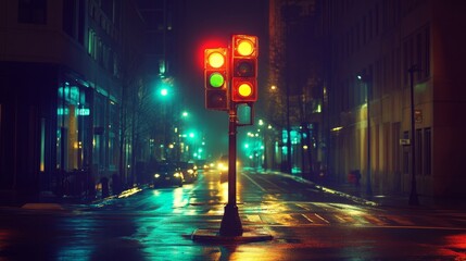 Fototapeta premium Empty urban street at night with illuminated traffic lights glowing