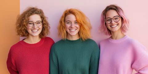 Three women with red, green, and pink hair are smiling and wearing sweaters. Concept of warmth and happiness, as the women appear to be enjoying each other's company
