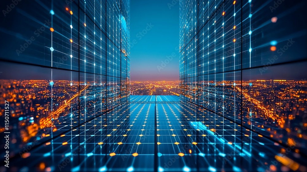 Poster futuristic cityscape illuminated by network grids