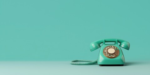 A green phone with a gold dial sits on a green background. The phone is turned off and the cord is hanging down