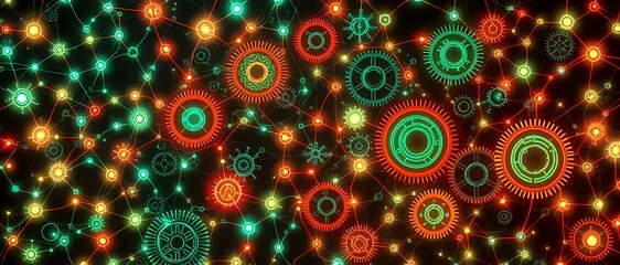 Fototapeta premium Art Nouveau Cybernetic Nodes & Gear Patterns in Glowing Neon Colors