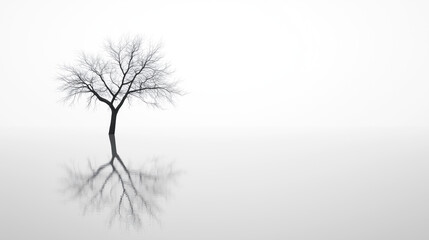 Obraz premium Lonely tree in mirrored fog reflection.