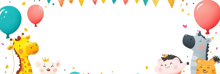 Obraz premium A cheerful animal-themed banner with balloons and cute cartoon characters celebrating a special occasion.
