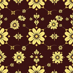 Yellow Floral Seamless Pattern: A captivating pattern of yellow flowers and intricate geometric designs on a rich maroon background.