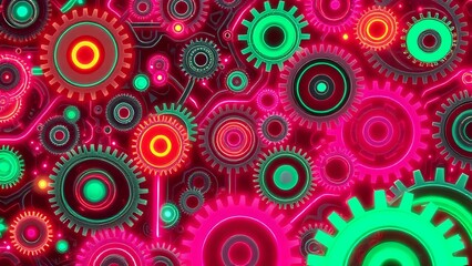 Glowing Gear Art Nouveau Cybernetic Scene - Tron-Inspired Neon Colors