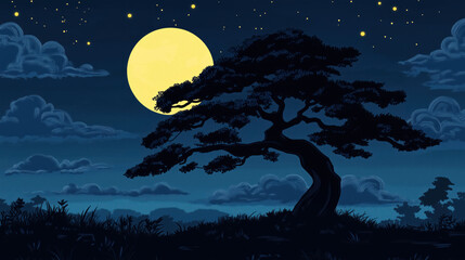 Fototapeta premium Silhouette of a lone tree under the full moonlight