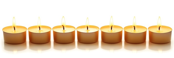 A serene arrangement of lit tealight candles glowing softly in a row.