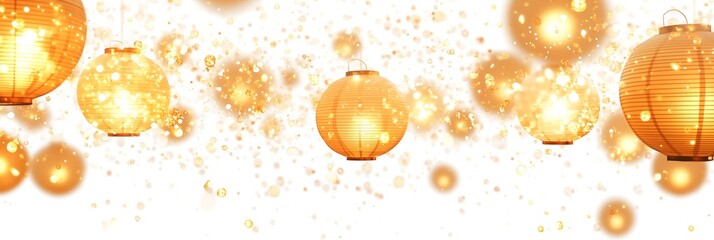 Warm golden chinese lanterns illuminate a festive scene, creating a magical atmosphere with sparkling lights.