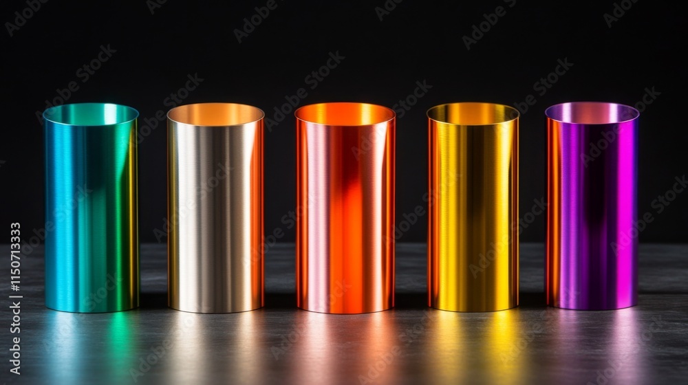 Aufkleber colorful cylinders in a row on a dark background with reflections