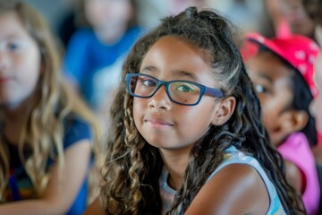 A girl with glasses is smiling at the camera