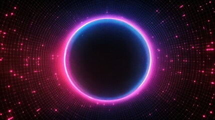 Obraz premium glowing neon ring embedded within a complex network grid, dynamic abstract background